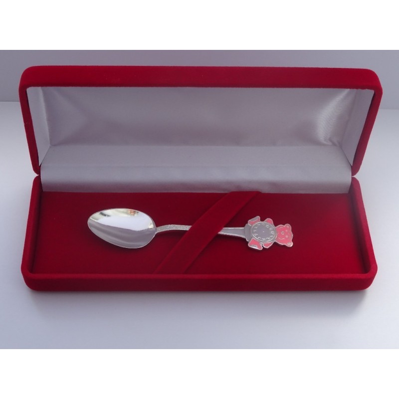Srebrna łyżeczka na chrzest emaliowany różowy miś 9,23 g 925