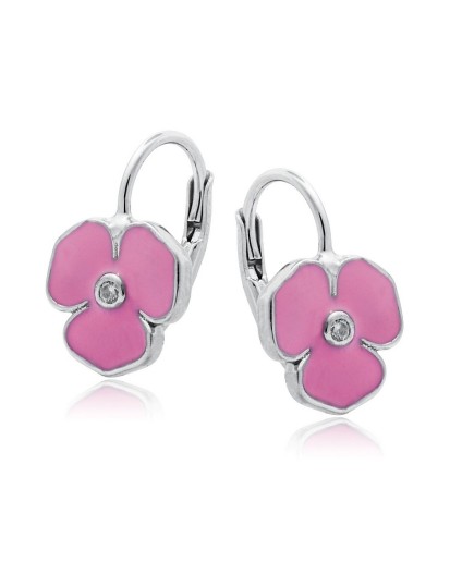 Srebrne kolczyki dla dziewczynki wiszące emaliowane różowe kwiatki 925