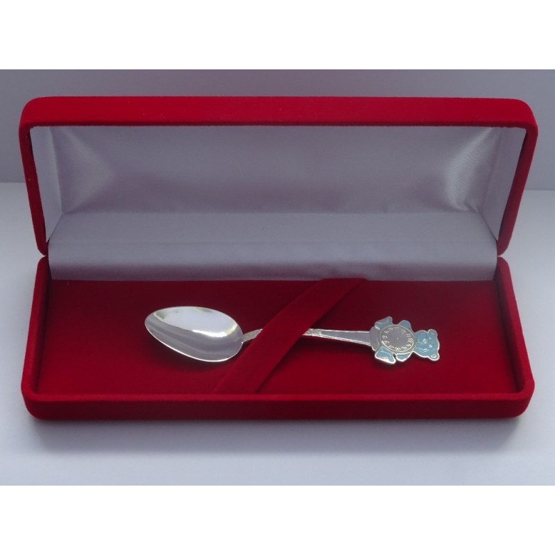 Srebrna łyżeczka na chrzest emaliowany niebieski miś 9,03 g 925