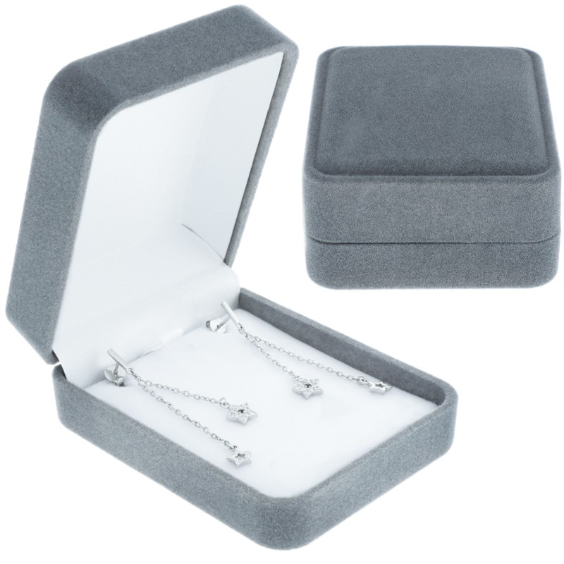 Pudełko welurowe prostokątne szare na łańcuszek zawieszkę kolczyki