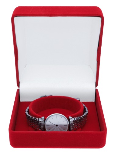 Pudełko welurowe niebieskie czerwone kwadratowe na zegarek