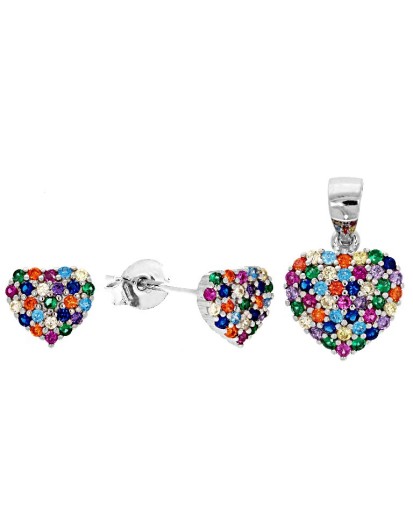Komplet srebrny kolczyki + zawieszka serca kolorowe sztyft 925