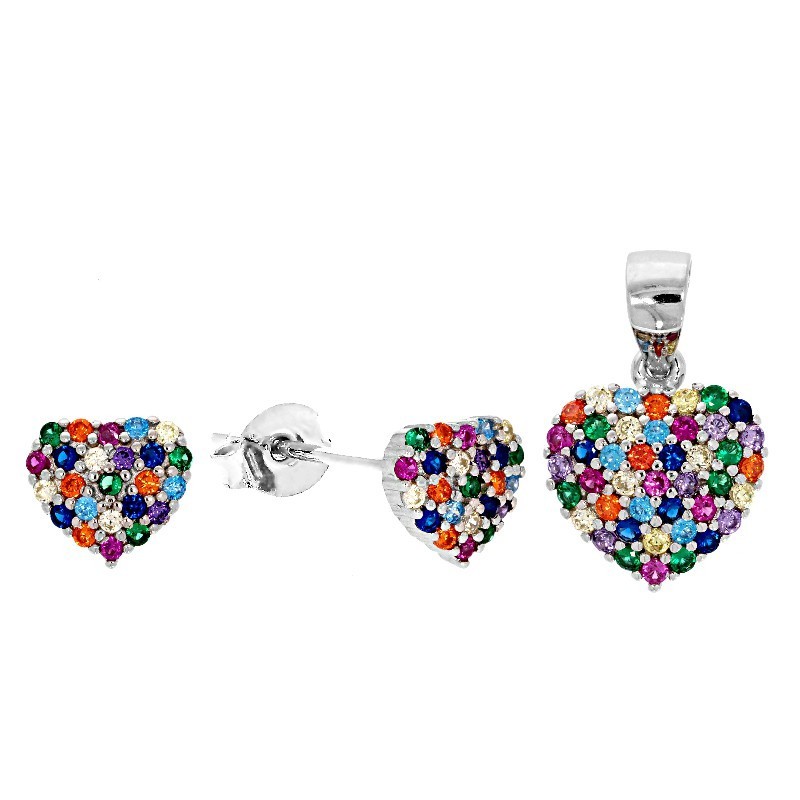 Komplet srebrny kolczyki + zawieszka serca kolorowe sztyft 925