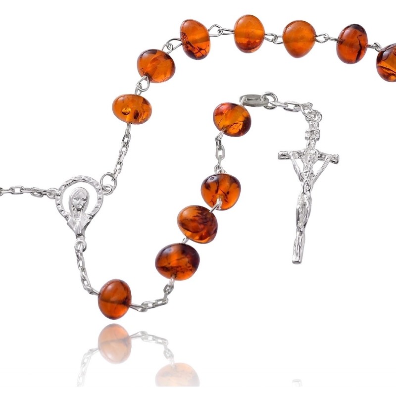 Różaniec srebrny naturalny bursztyn z paciorkami 9,2 g - 12,2 g 925 + gratis