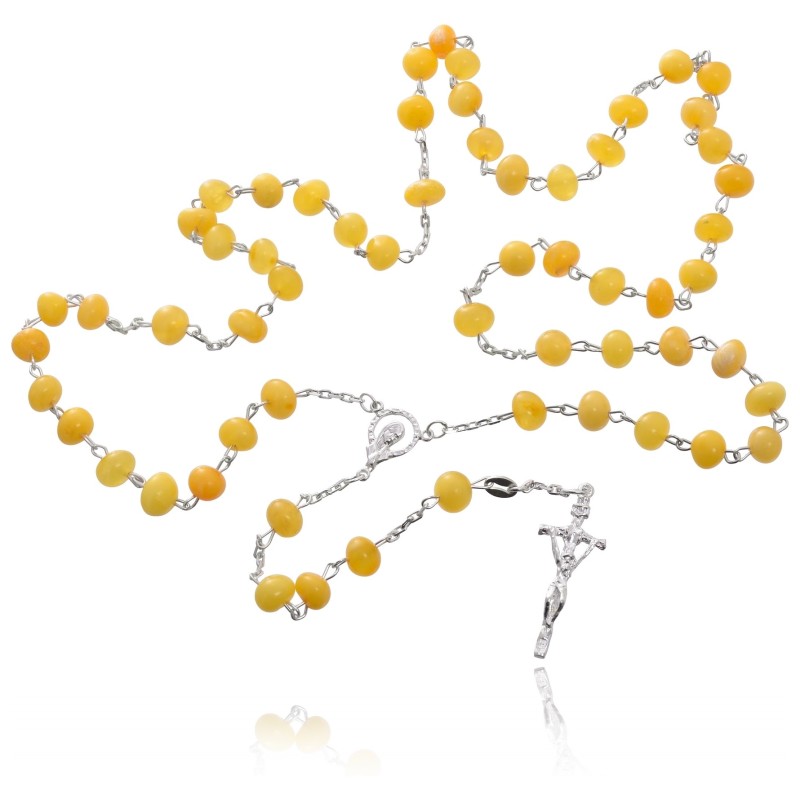 Różaniec srebrny naturalny mleczny bursztyn z paciorkami 15,6 - 17,5 g 925 + gratis