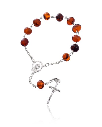 Różaniec srebrny dziesiątka bursztyn ciemny z krzyżem 3,3 g 925