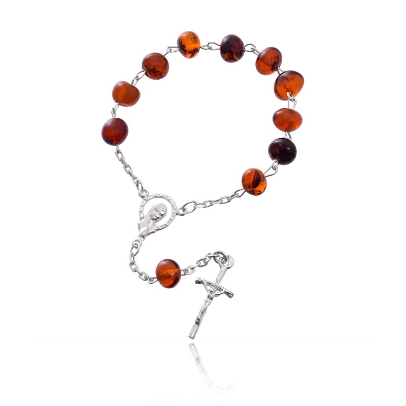 Różaniec srebrny dziesiątka bursztyn ciemny z krzyżem 3,3 g 925