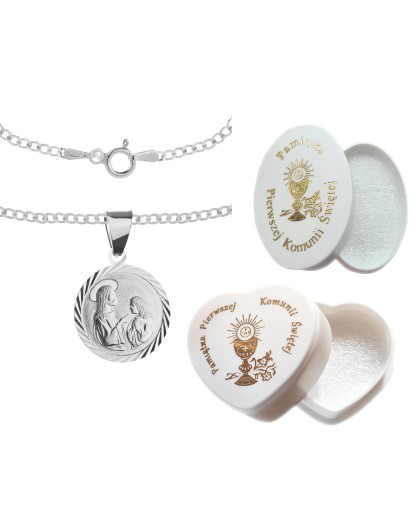 Komplet srebrny łańcuszek pancerka 2,8 g + medalik pierwsza komunia święta 925