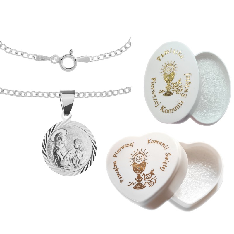 Komplet srebrny łańcuszek pancerka 2,8 g + medalik pierwsza komunia święta 925