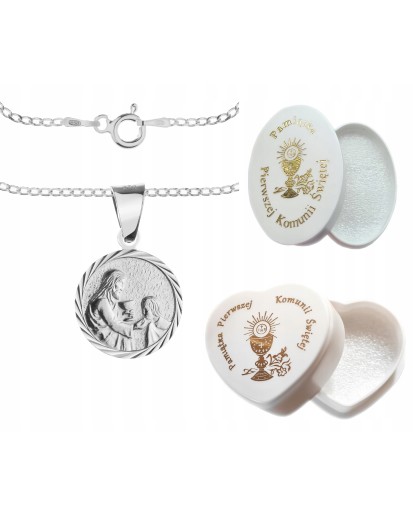 Komplet srebrny łańcuszek pancerka 2,80 g + medalik pamiątka pierwsza komunia święta 925