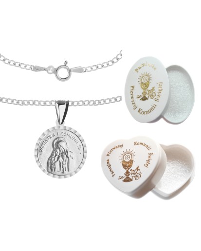 Komplet srebrny łańcuszek pancerka 2,80 g + medalik pamiątka pierwszej komunii świętej 925