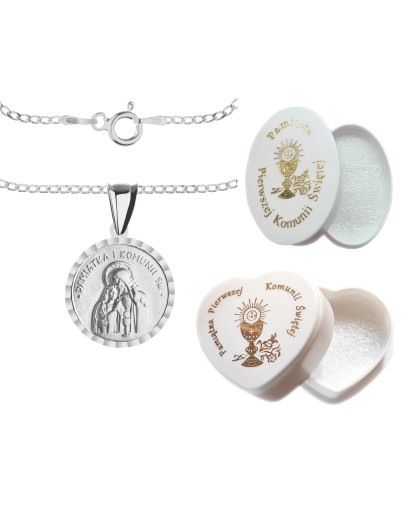 Komplet srebrny łańcuszek pancerka 1,80 g + medalik pamiątka pierwszej komunii świętej 925