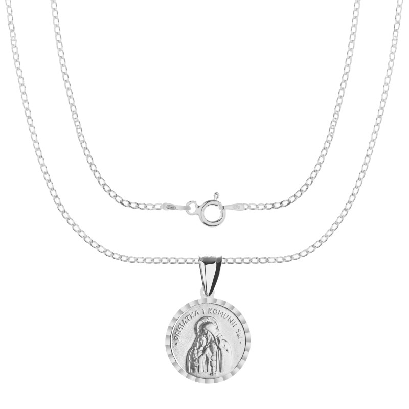 Komplet srebrny łańcuszek pancerka 1,80 g + medalik pamiątka pierwszej komunii świętej 925