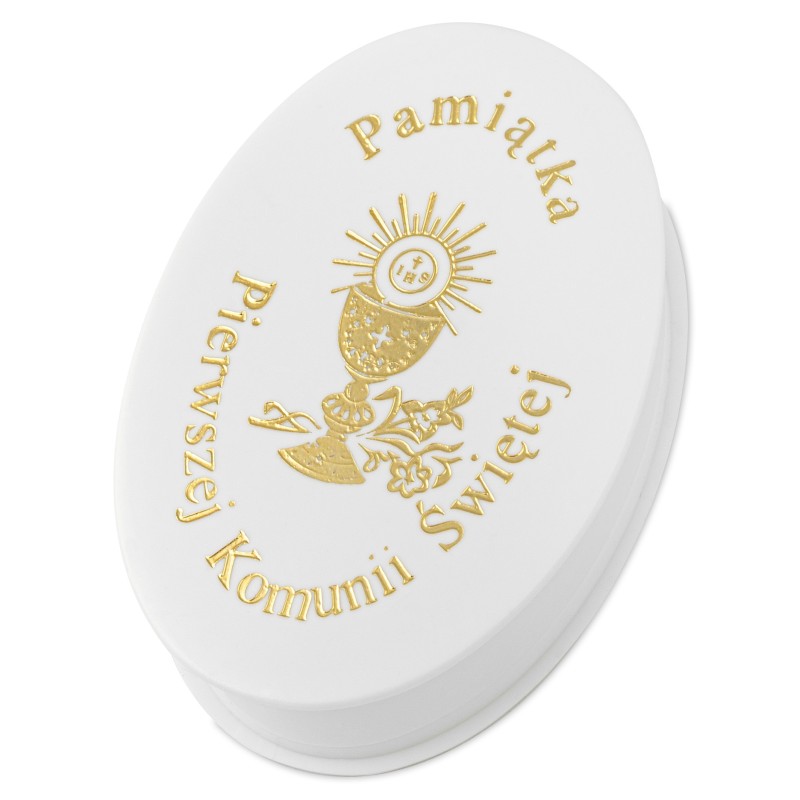 Plastikowe pudełko pamiątka pierwszej komunii świętej owalne