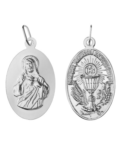 SREBRNY MEDALIK PAMIĄTKA PIERWSZA KOMUNIA ŚWIĘTA +JEZUS SREBRO 925