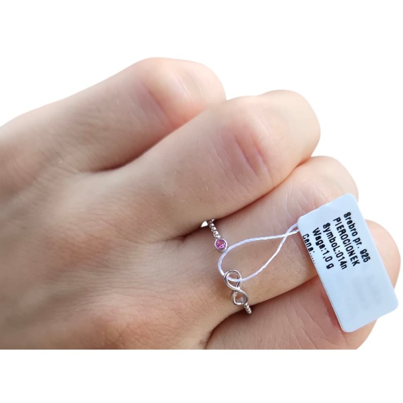 Pierścionek srebrny rodowany damski z cyrkoniami nieskończoność różowy 925