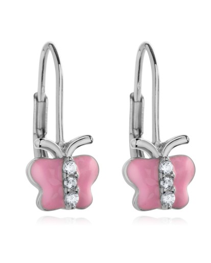 Srebrne kolczyki dziecięce różowe motylki wiszące emaliowane 925