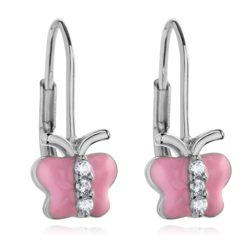 Srebrne kolczyki dziecięce różowe motylki wiszące emaliowane 925